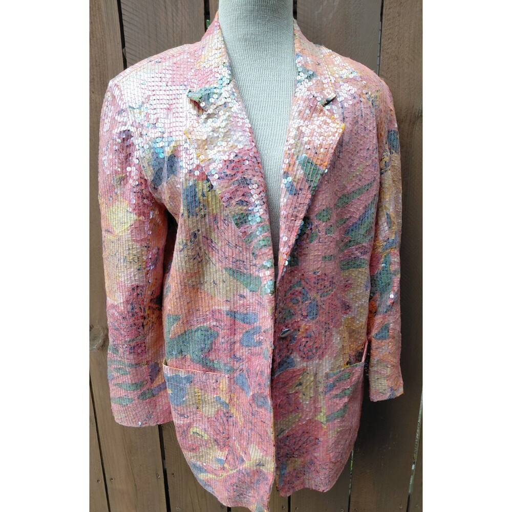 Vintage Sandy Starkman Blazer Jacket Womens Multicolor Sequins Floral Barbiecore